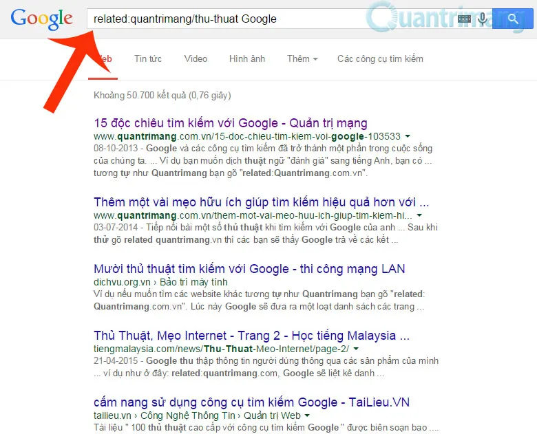 Minh họa cách sử dụng cú pháp related: để tìm kiếm các trang web có nội dung hoặc chủ đề liên quan đến một URL đã cho