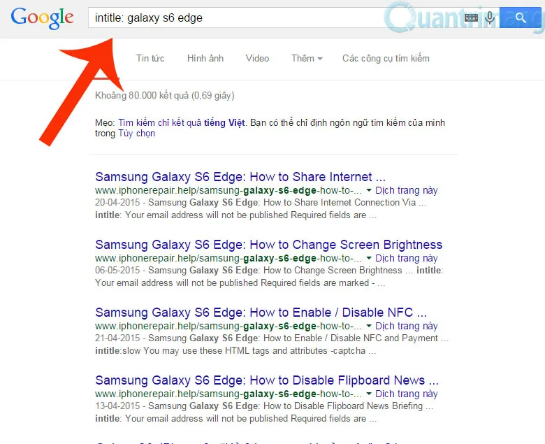 Minh họa giao diện tìm kiếm Google khi sử dụng cú pháp intitle để giới hạn kết quả chỉ có từ khóa trong tiêu đề trang