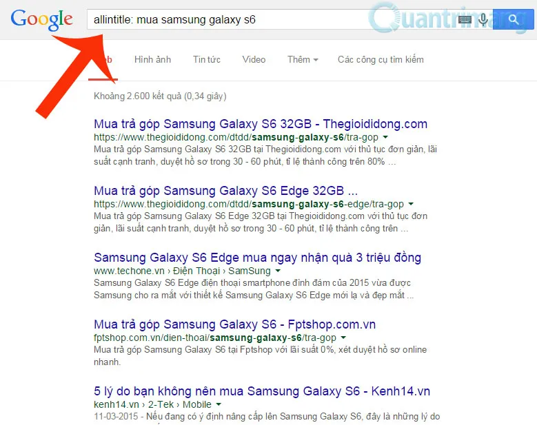 Giao diện tìm kiếm minh họa kết quả khi sử dụng toán tử , yêu cầu tất cả các từ khóa phải xuất hiện trong tiêu đề