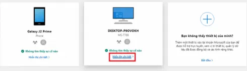 Giao diện quản lý thiết bị trên trang web Microsoft, nơi người dùng có thể chọn thiết bị để khóa hoặc định vị từ xa