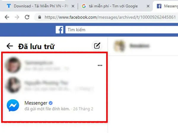 Tìm lại hộp thoại cần khôi phục trong thư mục tin nhắn đã lưu trữ trên Messenger PC.