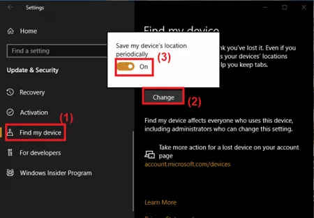 Giao diện cài đặt Find My Device trên Windows 10, cho thấy việc kích hoạt tính năng theo dõi vị trí