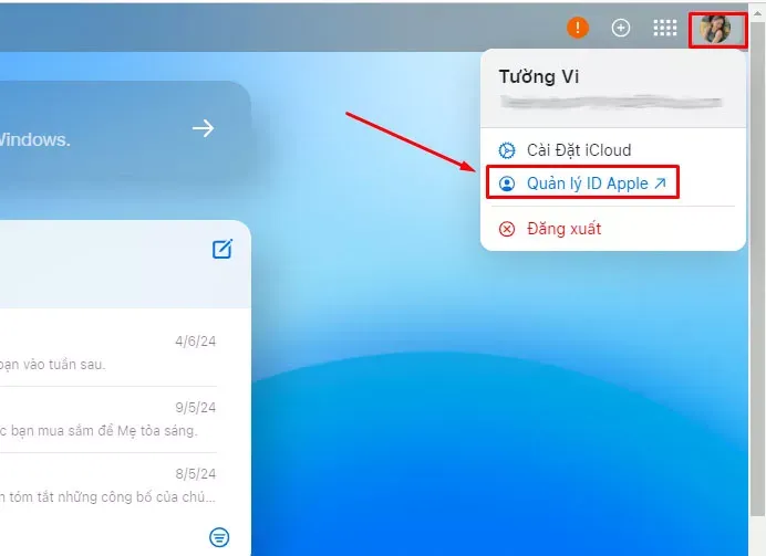 Chọn quản lý ID Apple trong quá trình thiết lập icloud trên máy tính