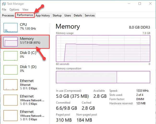 Kiểm tra thông số RAM trong Windows Task Manager