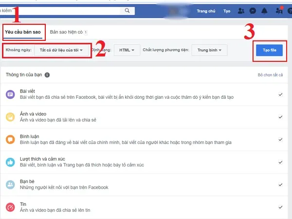 Tạo yêu cầu bản sao dữ liệu, chọn khoảng ngày và nhấn Tạo file để khôi phục tin nhắn trên máy tính.