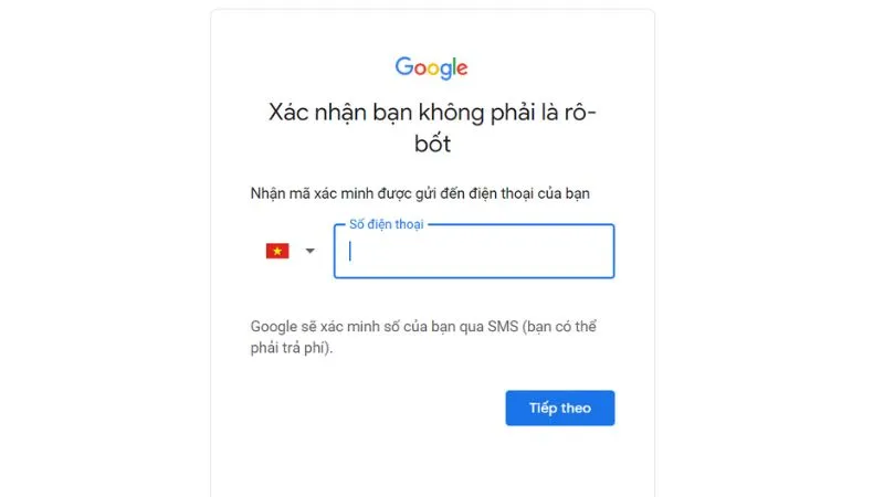 Nhập mã xác nhận OTP từ tin nhắn điện thoại để hoàn tất đăng ký Gmail