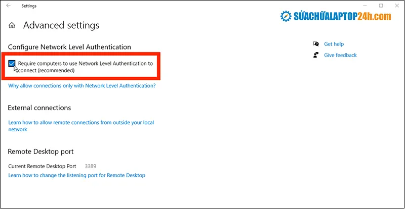 Tích chọn yêu cầu xác thực NLA (Network Level Authentication) để tăng bảo mật cho truy cập máy tính người khác qua RDP