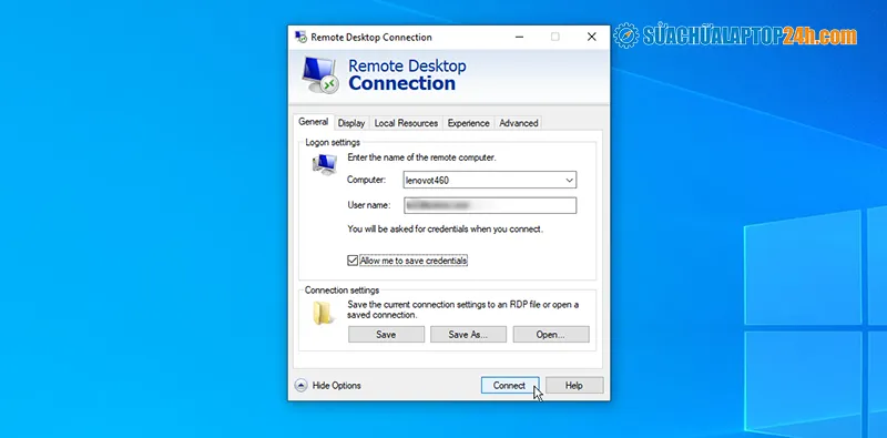 Nhập tên hoặc địa chỉ IP vào giao diện Remote Desktop Connection để bắt đầu điều khiển máy tính từ xa
