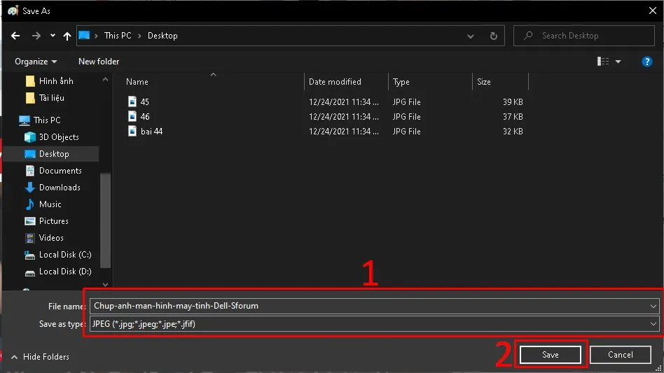 Cửa sổ lưu tệp Save As sau khi chụp màn hình máy tính Dell, cho phép đặt tên và chọn định dạng JPEG