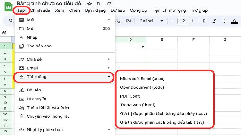 Các bước thao tác để tải xuống bảng tính Google Sheets dưới nhiều định dạng tùy chọn khác nhau.