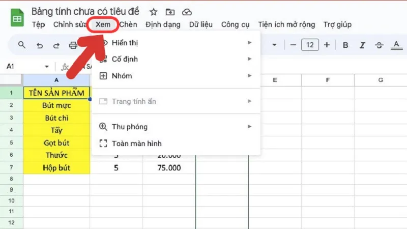 Trang tính sau khi được mở và lựa chọn hình thức hiển thị dữ liệu mong muốn.