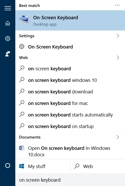 Hướng dẫn cách mở bàn phím ảo trên máy tính win 10 bằng cách tìm kiếm trực tiếp trong Start Menu.