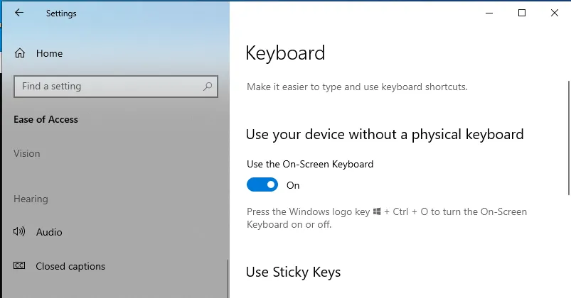 Các bước bật bàn phím ảo thông qua menu Ease of Access trong PC Settings, phương pháp hiệu quả khi bàn phím vật lý bị liệt.