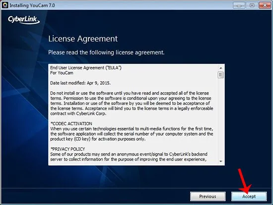 Giao Diện Chấp Nhận Điều Khoản Sử Dụng (Accept) Khi Cài Đặt CyberLink YouCam Trên Windows 7