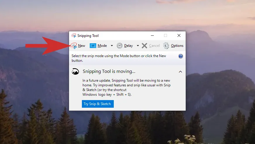 Thao tác nhấn New trong Snipping Tool để bắt đầu lựa chọn chế độ chụp màn hình máy tính HP