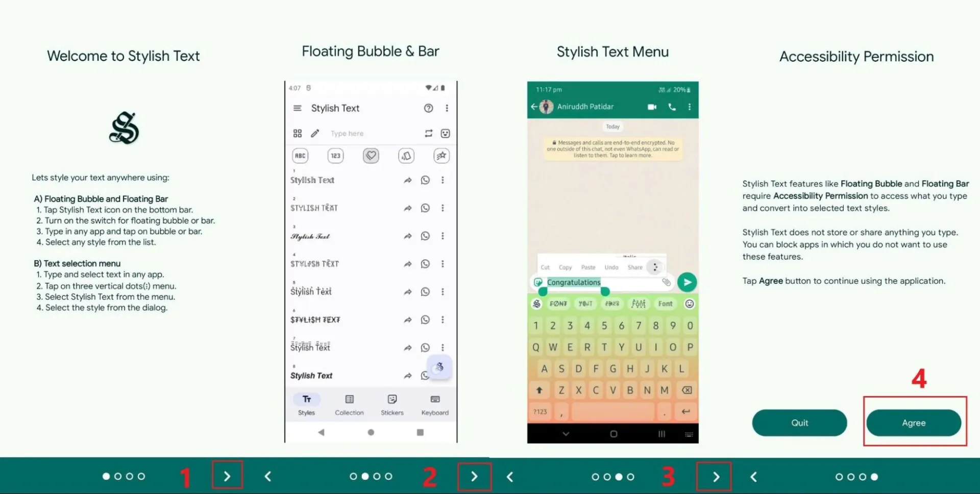 Đồng ý điều khoản sử dụng ứng dụng định dạng chữ Stylish Text
