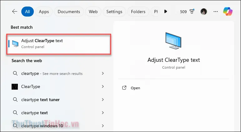 Thanh tìm kiếm Windows hiển thị kết quả Adjust ClearType text để cài đặt độ sắc nét phông chữ.