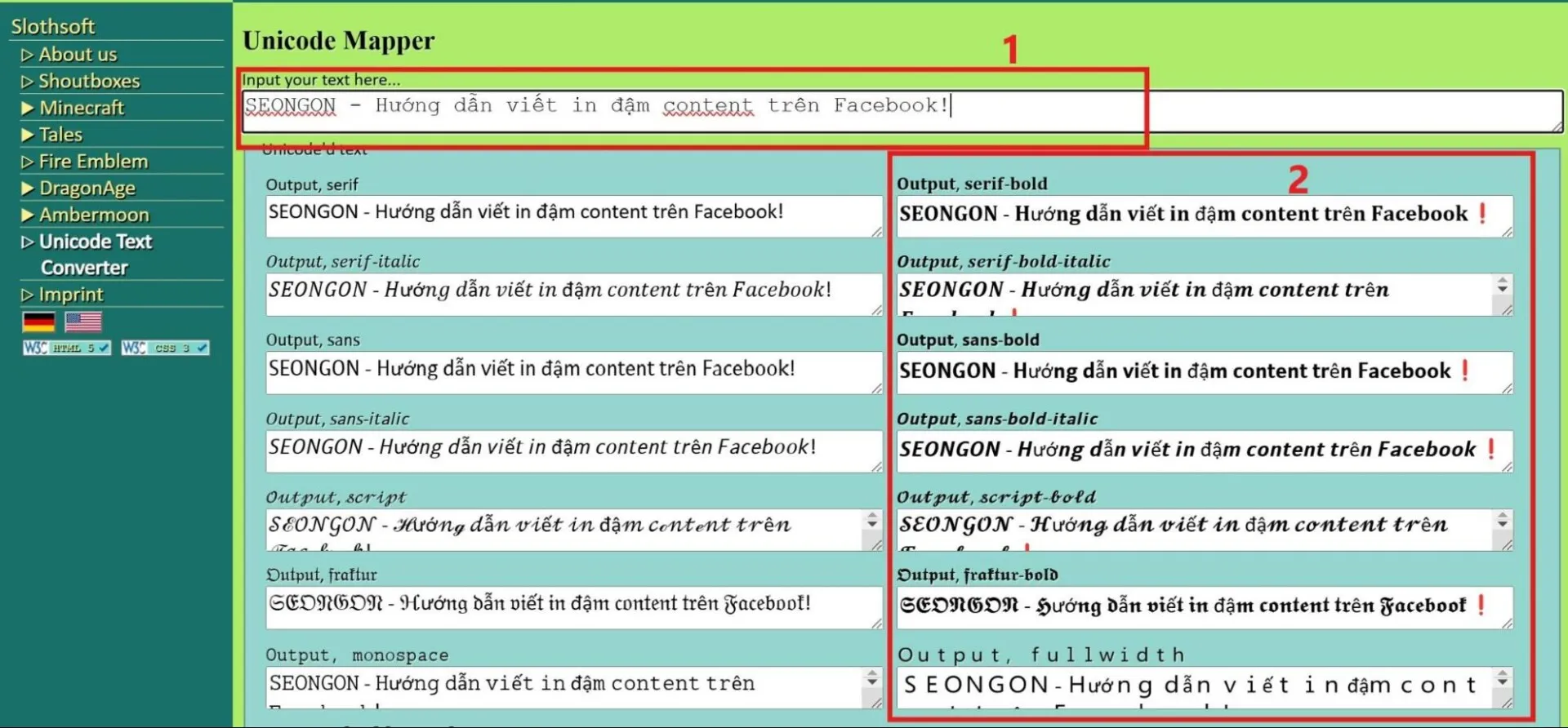 Giao diện nhập liệu công cụ Slothsoft để tạo chữ in đậm và in nghiêng
