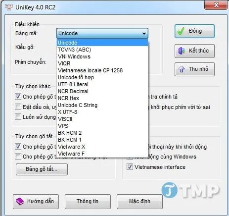Giao diện các tùy chọn cài đặt font chữ và bảng mã liên quan đến gõ tiếng Việt