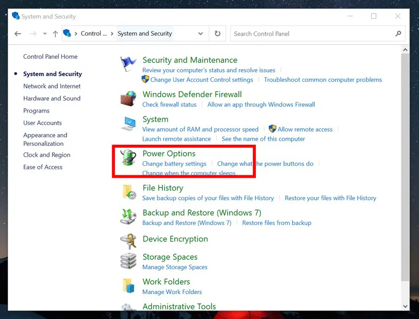 Bước 2b: Chọn Power Options để truy cập thiết lập quản lý năng lượng của máy tính.