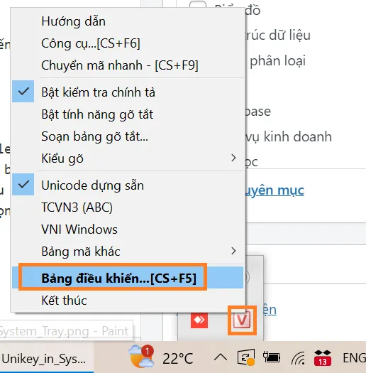 Giao diện chuột phải để mở bảng điều khiển unikey trên hệ điều hành Windows