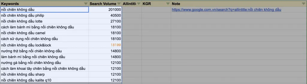 Dán và sắp xếp danh sách từ khóa đã lọc có volume search thấp vào bảng tính Google Sheets để bắt đầu phân tích Keyword Golden Ratio