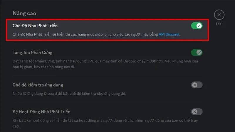 Bật Chế độ Nhà phát triển để thực hiện cách lấy id máy tính Discord