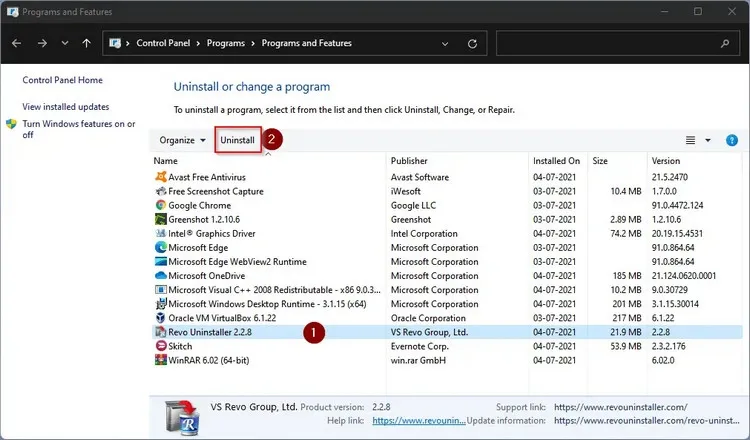 Programs and Features trong Control Panel