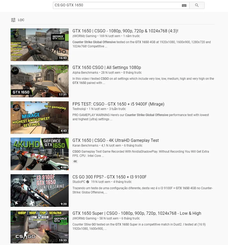 Kết quả tra cứu hiệu suất GPU (GTX 1650) cho hiệu suất chơi game