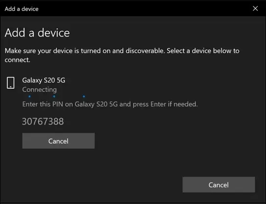 Màn hình hiển thị quá trình tìm kiếm và kết nối Bluetooth giữa iPhone và máy tính Windows