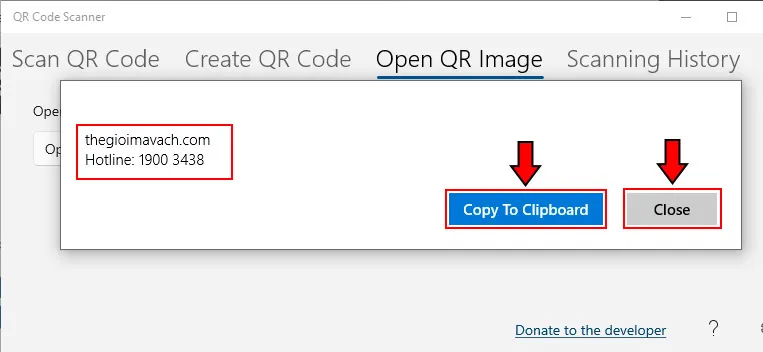 Kết quả giải mã mã QR hiển thị sau khi thực hiện quét qua ứng dụng Microsoft Store