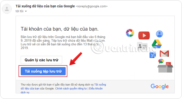 Email thông báo hoàn thành tạo tệp lưu trữ