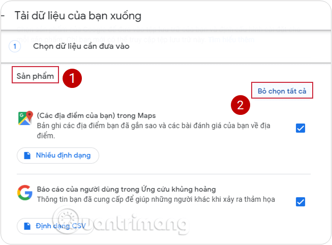 Bỏ chọn tất cả trong phần Sản phẩm