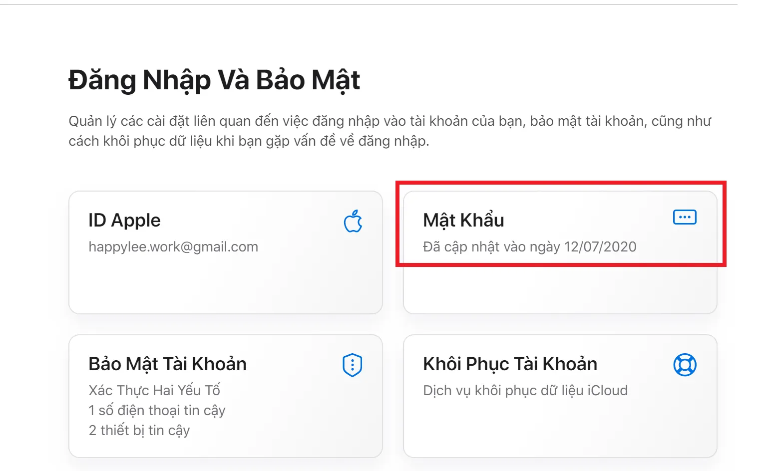 Chọn mục Mật Khẩu và Bảo Mật (Password and Security) trên trang quản lý Apple ID