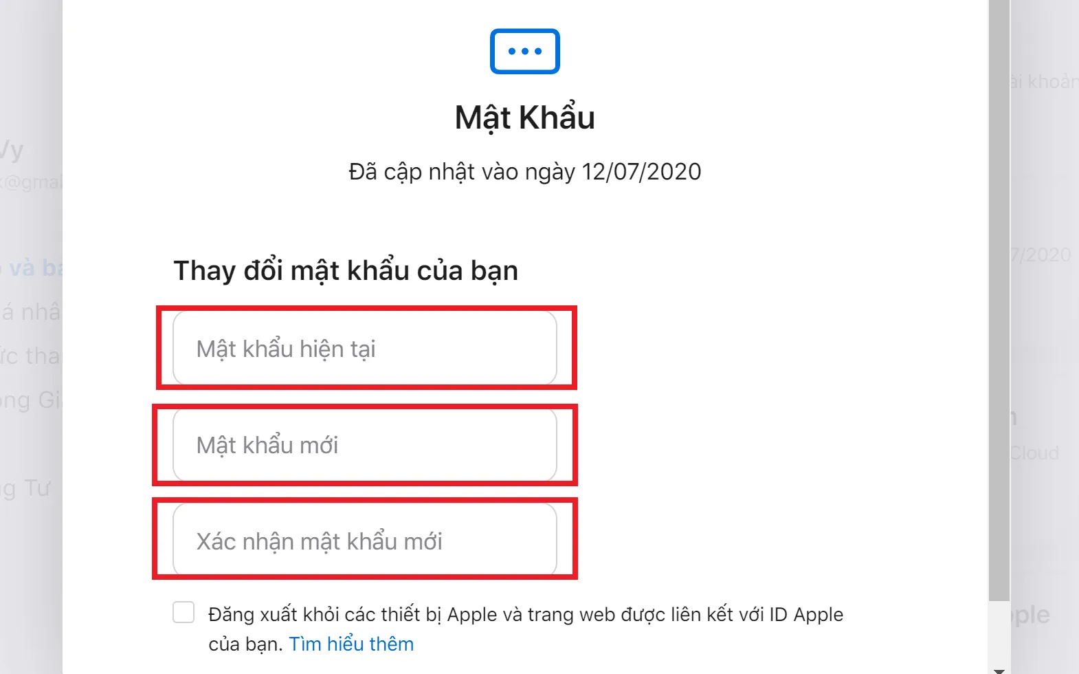Hoàn tất nhập mật khẩu cũ, mật khẩu mới và xác nhận để đổi mật khẩu Apple ID