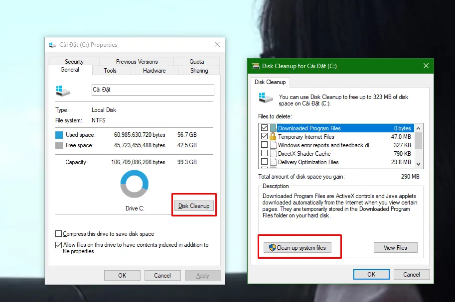 Giao diện Disk Cleanup và lựa chọn Clean up system files để quét sâu hơn