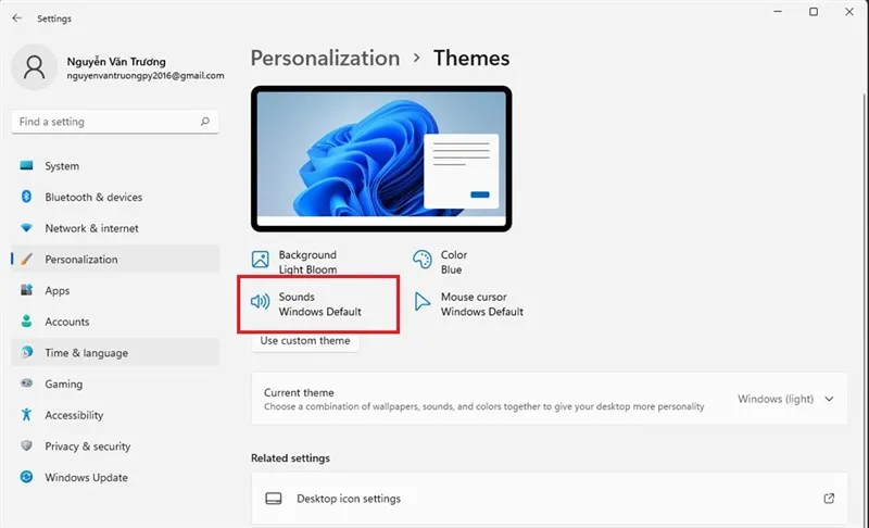 Chọn mục Sounds trong phần Themes để điều chỉnh âm thanh hệ thống khi khởi động máy tính