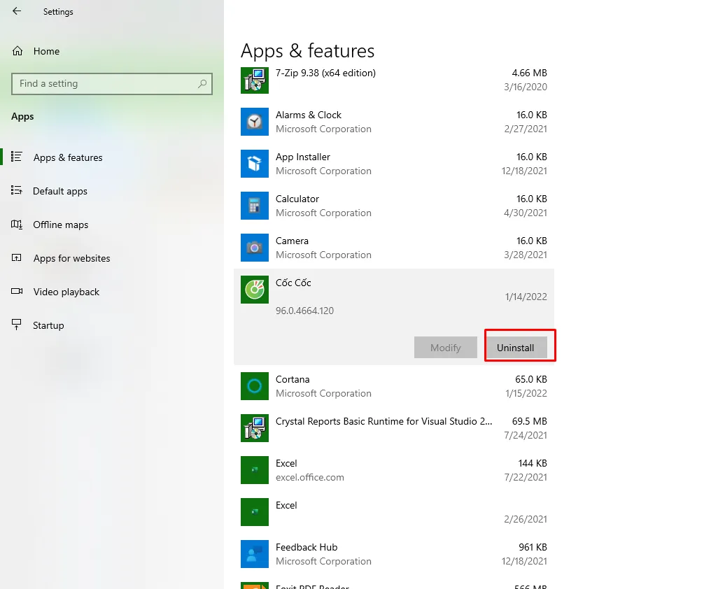 Chọn ứng dụng và nút Uninstall để gỡ bỏ phần mềm không cần thiết