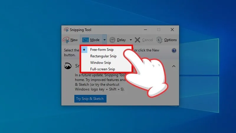 Alt: Giao diện Snipping Tool trên Windows cho phép người dùng chọn kiểu chụp hình màn máy tính phù hợp với nhu cầu
