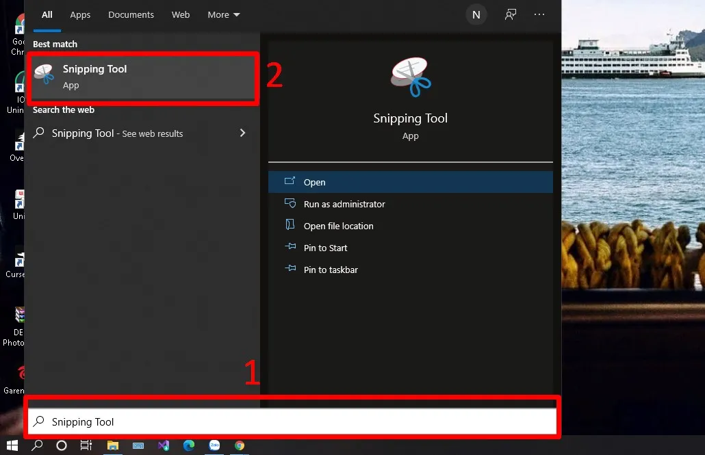 Tìm kiếm ứng dụng Snipping Tool trong Windows Search để khởi động công cụ cắt ảnh chuyên nghiệp trên máy tính Dell