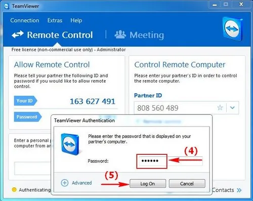 Màn hình nhập mật khẩu để hoàn tất kết nối điều khiển máy tính bằng TeamViewer