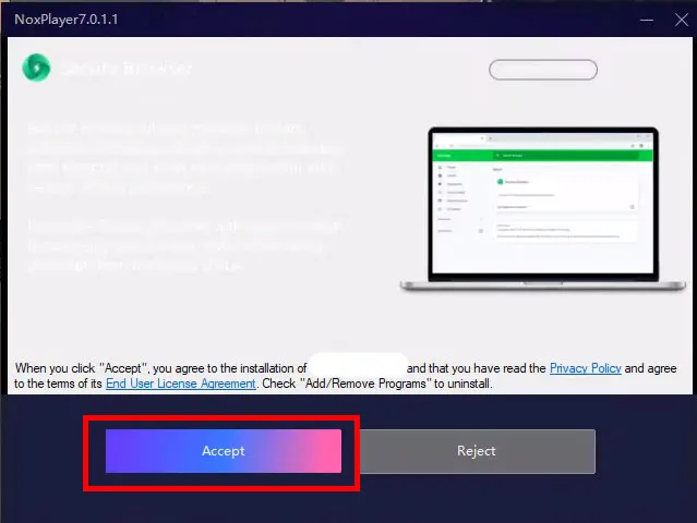 Màn hình chấp nhận các điều khoản khi cài đặt phần mềm giả lập để download ứng dụng về máy tính an toàn.
