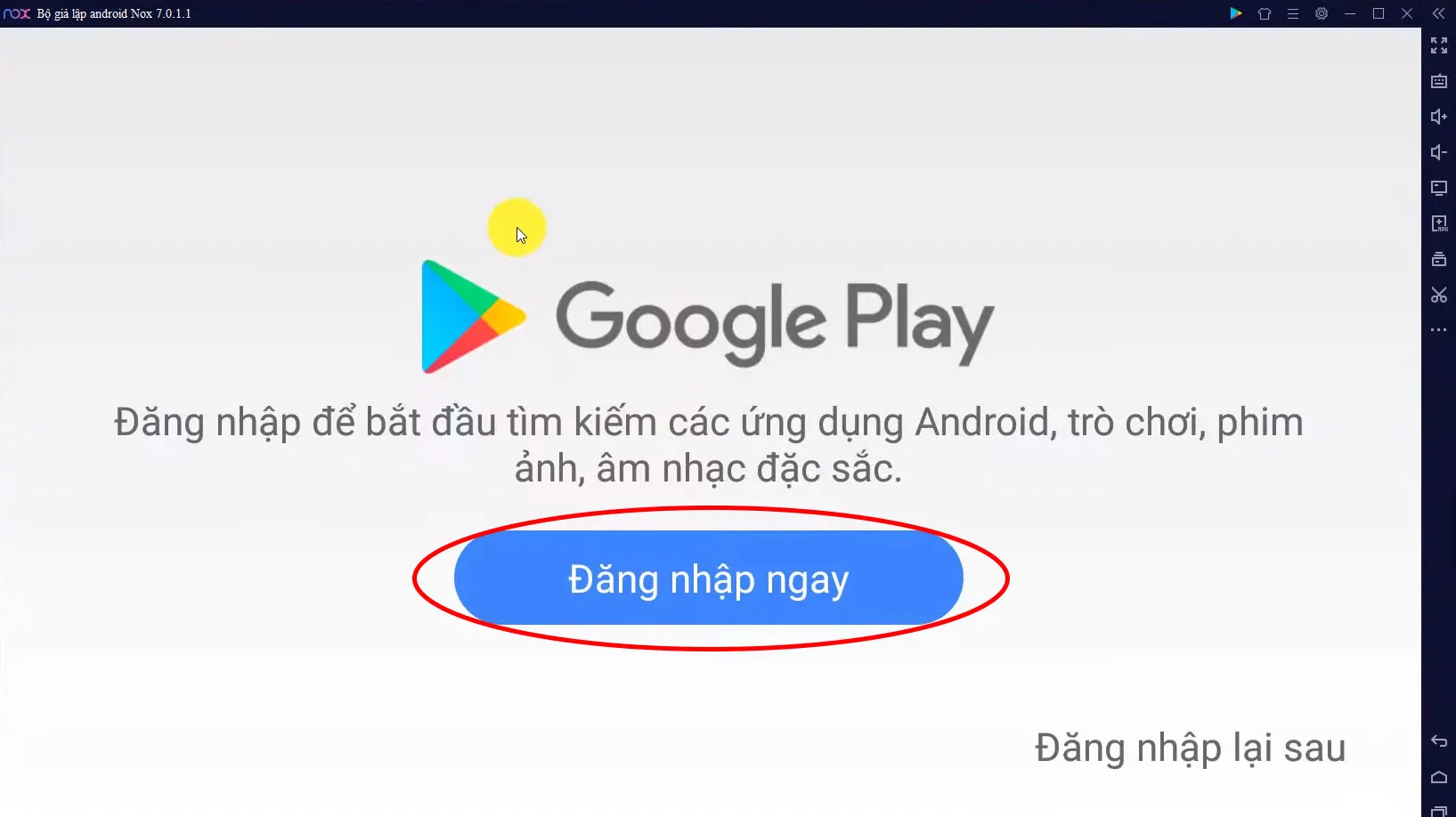 Màn hình yêu cầu đăng nhập tài khoản Google Play lần đầu tiên trên giả lập NoxPlayer để truy cập kho ứng dụng.