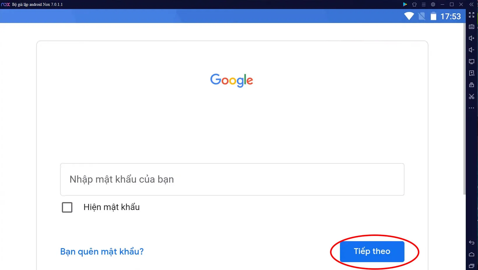 Điền mật khẩu tài khoản Google để hoàn tất quá trình đăng nhập vào CH Play trên giả lập Android.