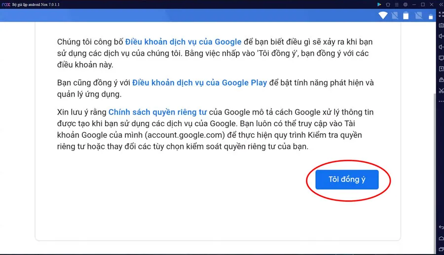 Đồng ý với các điều khoản dịch vụ của Google Play sau khi đăng nhập thành công trên NoxPlayer.