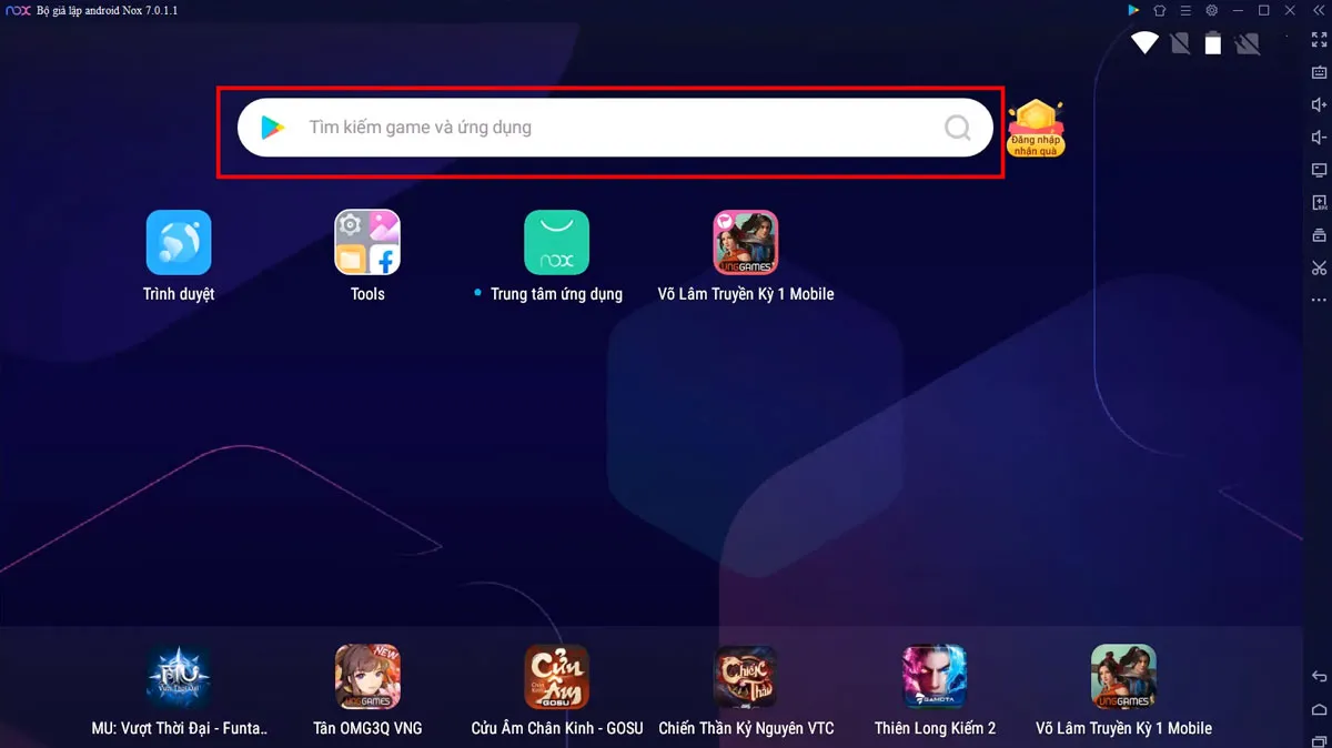 Giao diện NoxPlayer sau khi đăng nhập, sẵn sàng tìm kiếm và download ứng dụng về máy tính thông qua thanh tìm kiếm.