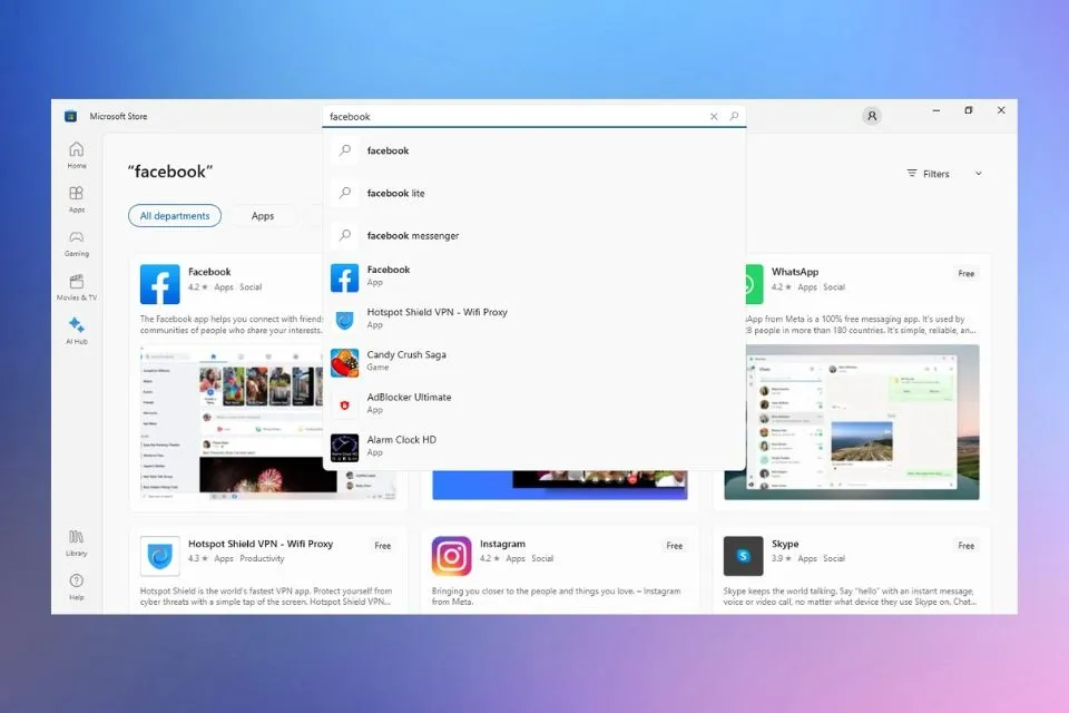 Tìm ứng dụng Facebook trong Microsoft Store để tiến hành cài đặt ứng dụng mạng xã hội về máy tính cá nhân.