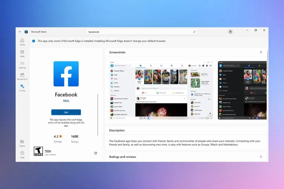 Chọn nút Get để tải ứng dụng Facebook chính thức về máy tính thông qua cửa hàng Microsoft Store.