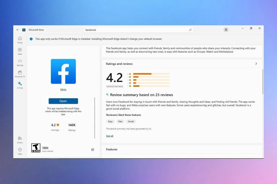 Sau khi tải ứng dụng Facebook về máy tính thành công, nhấn Open để mở và sử dụng ứng dụng ngay lập tức.