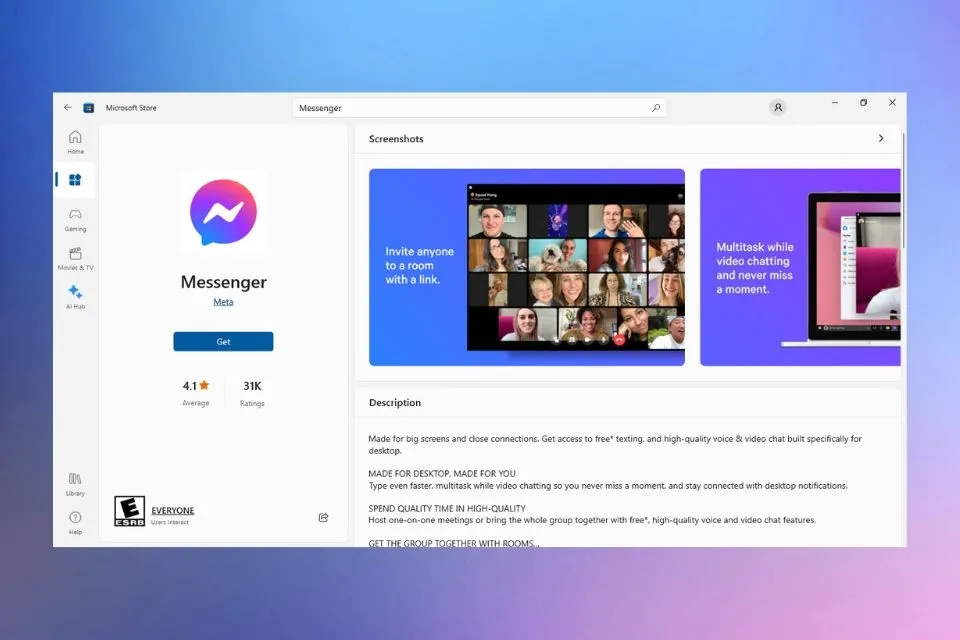 Nhấn Get để bắt đầu quá trình tải ứng dụng Facebook Messenger độc lập về máy tính.